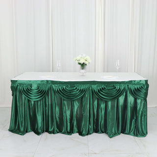 Transform Your Tables with the 14ft Hunter Emerald Green Pleated Satin Double Drape Table Skirt Transform Your Tables with the 14ft Hunter Emerald Green Pleated Satin Double Drape Table Skirt