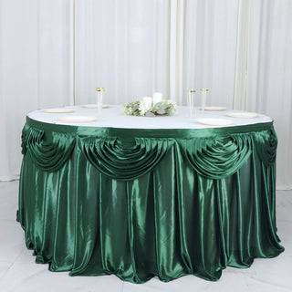 Create a Luxurious Tablescape with the 14ft Hunter Emerald Green Pleated Satin Double Drape Table Skirt Create a Luxurious Tablescape with the 14ft Hunter Emerald Green Pleated Satin Double Drape Table Skirt