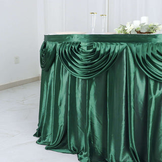 Enhance Your Event Decor with the 14ft Hunter Emerald Green Pleated Satin Double Drape Table Skirt Enhance Your Event Decor with the 14ft Hunter Emerald Green Pleated Satin Double Drape Table Skirt