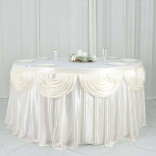 Create an Enchanting Tablescape with the Ivory Pleated Satin Table Skirt Create an Enchanting Tablescape with the Ivory Pleated Satin Table Skirt