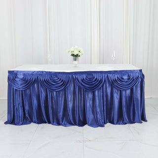 Elevate Your Event Decor with the 14ft Navy Blue Pleated Satin Table Skirt Elevate Your Event Decor with the 14ft Navy Blue Pleated Satin Table Skirt