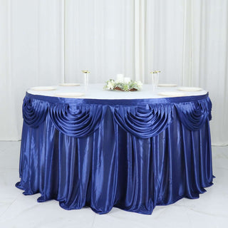 Create a Swish and Stylish Event with the Navy Blue Pleated Satin Table Skirt Create a Swish and Stylish Event with the Navy Blue Pleated Satin Table Skirt