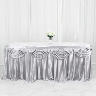 Elegant Silver Pleated Satin Double Drape Table Skirt Elegant Silver Pleated Satin Double Drape Table Skirt