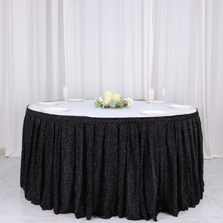 Elevate Your Event with the 17ft Black Metallic Shimmer Tinsel Spandex Pleated Table Skirt