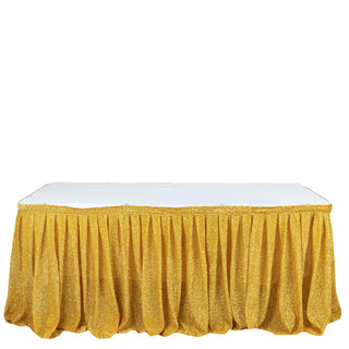 Create a Regal Atmosphere with the Gold Metallic Shimmer Tinsel Spandex Pleated Table Skirt