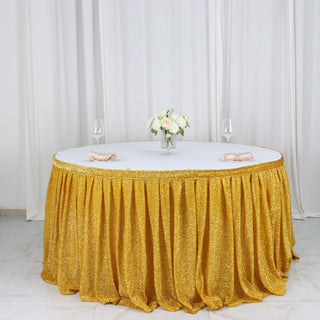 Elevate Your Event with the Stunning Gold Metallic Shimmer Tinsel Spandex Pleated Table Skirt