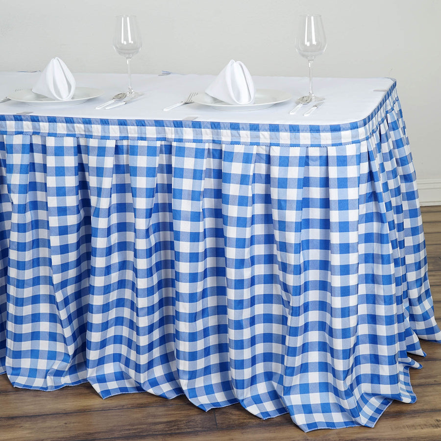 Checkered Table Skirt | 17FT | White/Blue | Buffalo Plaid Gingham Polyester Table Skirts