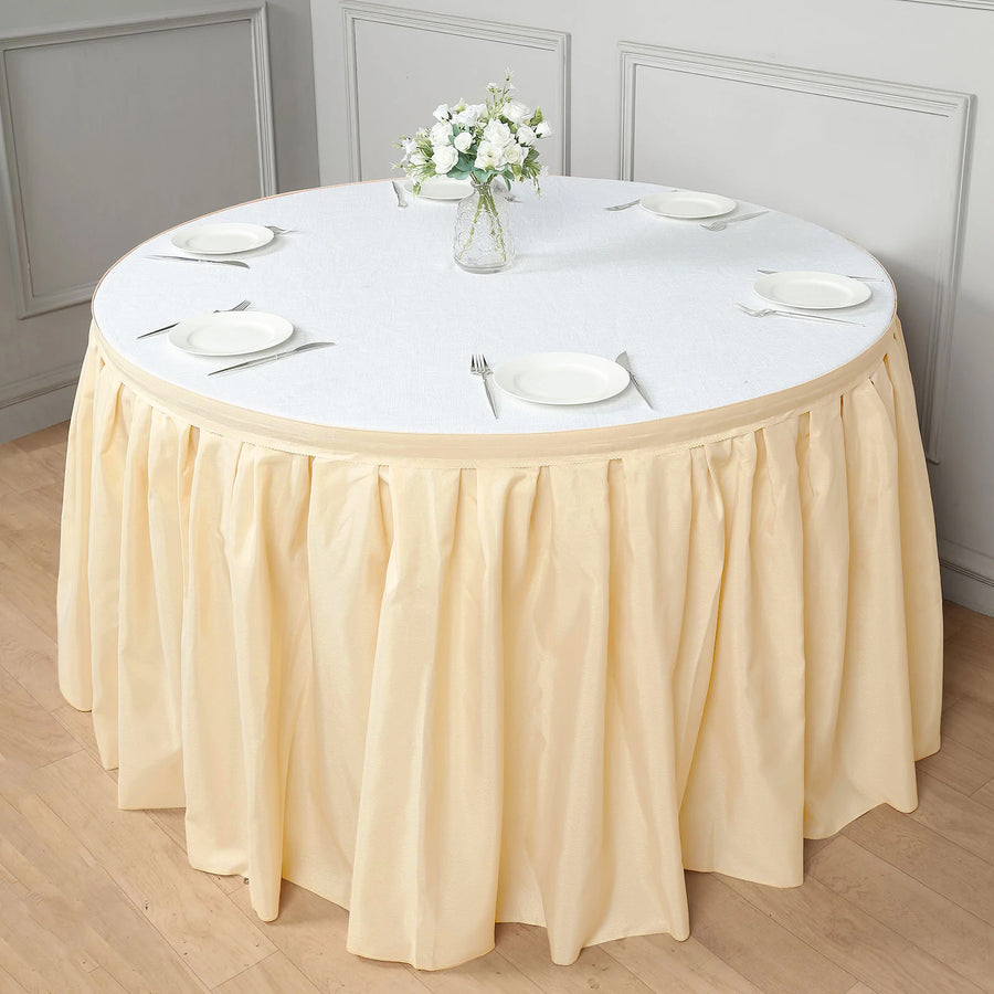 14ft Beige Pleated Polyester Table Skirt, Banquet Folding Table Skirt