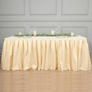 Add Style and Elegance to Your Event with a 14ft Beige Pleated Polyester Table Skirt