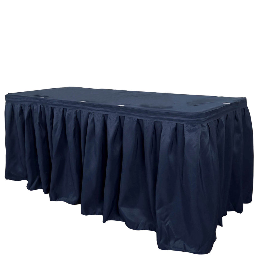21ft Navy Blue Pleated Polyester Table Skirt, Banquet Folding Table Skirt