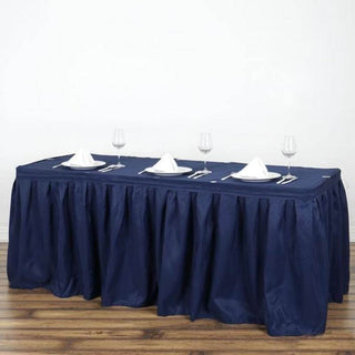Elevate Your Event with the 17ft Navy Blue Pleated Polyester Table Skirt Elevate Your Event with the 17ft Navy Blue Pleated Polyester Table Skirt