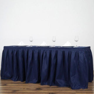 Add Elegance to Your Event with the 21ft Navy Blue Pleated Polyester Table Skirt