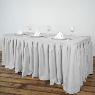 Add Elegance to Your Event with the 14ft Silver Pleated Polyester Table Skirt