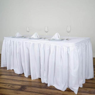 Add Elegance to Your Event with the 14ft White Pleated Polyester Table Skirt Add Elegance to Your Event with the 14ft White Pleated Polyester Table Skirt