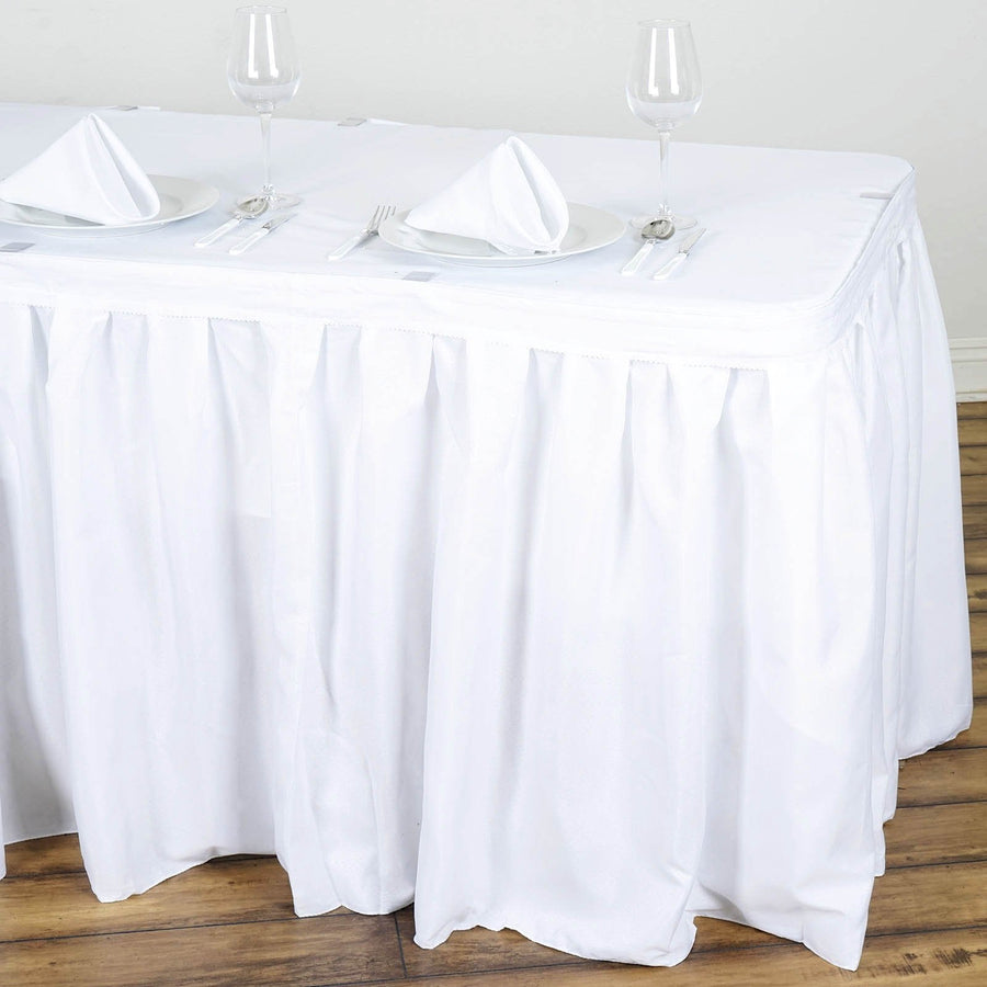 17ft White Pleated Polyester Table Skirt, Banquet Folding Table Skirt