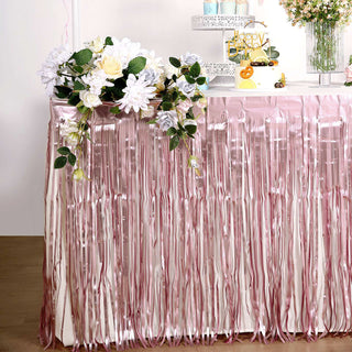 Add a Touch of Elegance with the Dusty Rose Metallic Foil Fringe Table Skirt