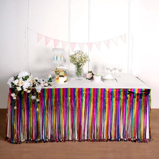 Add a Splash of Color to Your Event with the 29"x 9ft Rainbow Metallic Tinsel Foil Fringe Table Skirt