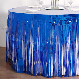 Create a Stunning Display with the Royal Blue Metallic Foil Fringe Table Skirt