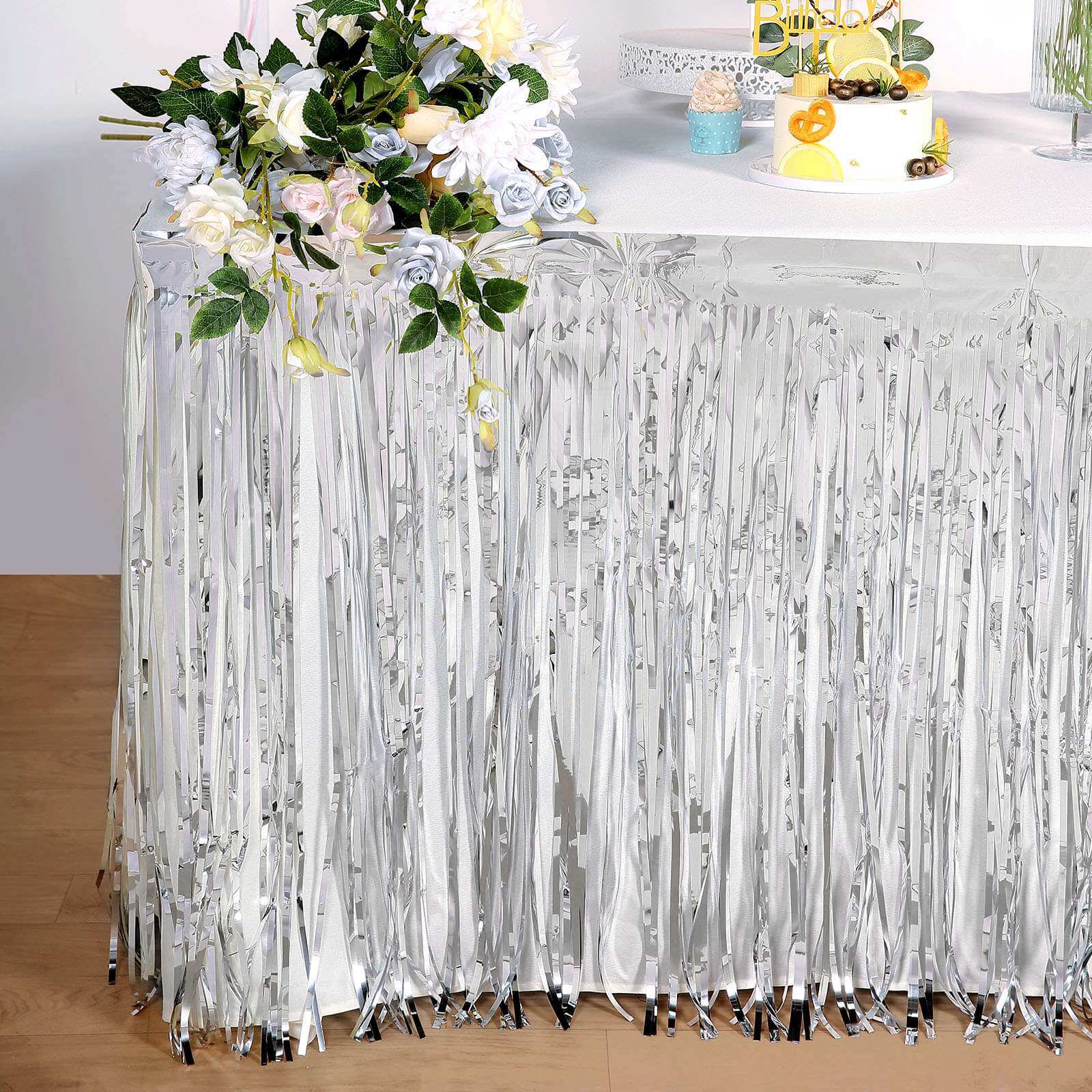 Silver metallic table skirt sale