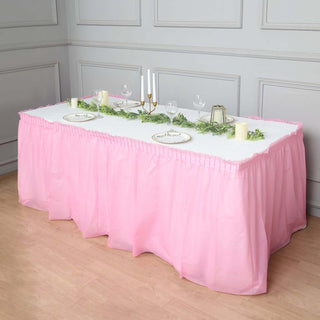 Add Elegance to Your Event with a 14ft Pink Ruffled Plastic Disposable Table Skirt Add Elegance to Your Event with a 14ft Pink Ruffled Plastic Disposable Table Skirt
