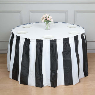 Elegant and Versatile: 14ft White / Black Stripe Plastic Table Skirt Elegant and Versatile: 14ft White / Black Stripe Plastic Table Skirt