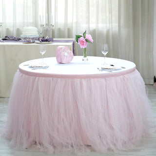 Create a Fairy-Like Atmosphere with the 21ft Blush 4 Layer Tulle Tutu Pleated Table Skirt