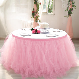 Add a Touch of Elegance to Your Event with the 17ft Pink/Rose Quartz Tulle Tutu Pleated Table Skirt