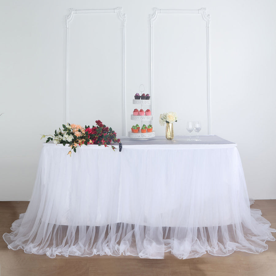 14FT White Extra Long 48 inch Two Layered Tulle & Satin Table Skirt
