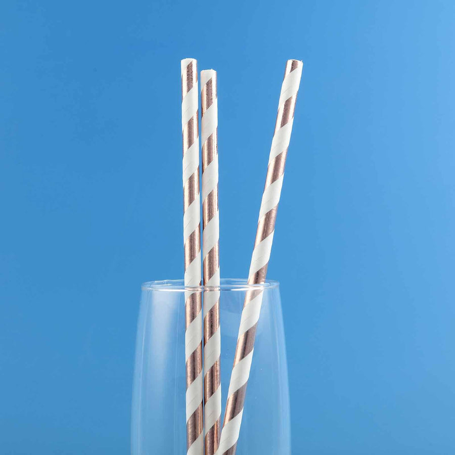 25 Pack 8" White/Rose Gold Striped Disposable Paper Straws