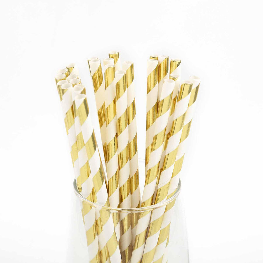 25 Pack 8" White/Gold Striped Disposable Paper Straws#whtbkgd