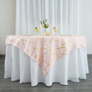 Blush 54"x54" Polyester Square Table Overlay With Gold Foil Geometric Pattern Blush 54"x54" Polyester Square Table Overlay With Gold Foil Geometric Pattern