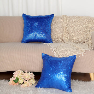 2 Pack 18"x18" Sequin Throw Pillow Cover, Decorative Cushion Case - Square Royal Blue Sequin