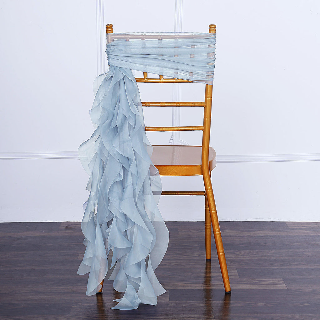 1 Set Dusty Blue Chiffon Hoods With Curly Willow Chiffon Chair Sashes