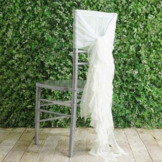 Elevate Your Event Decor with Ivory Chiffon Hoods and Ruffled Willow Chair Sashes Elevate Your Event Decor with Ivory Chiffon Hoods and Ruffled Willow Chair Sashes