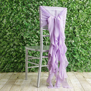 Lavender Chiffon Hoods with Ruffled Willow Chair Sashes Lavender Chiffon Hoods with Ruffled Willow Chair Sashes