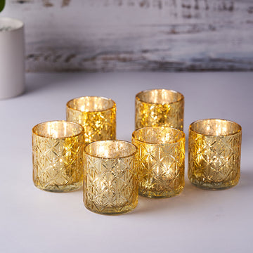 6 Pack 3" Shiny Gold Mercury Glass Candle Holders, Votive Tealight Holders - Geometric Design