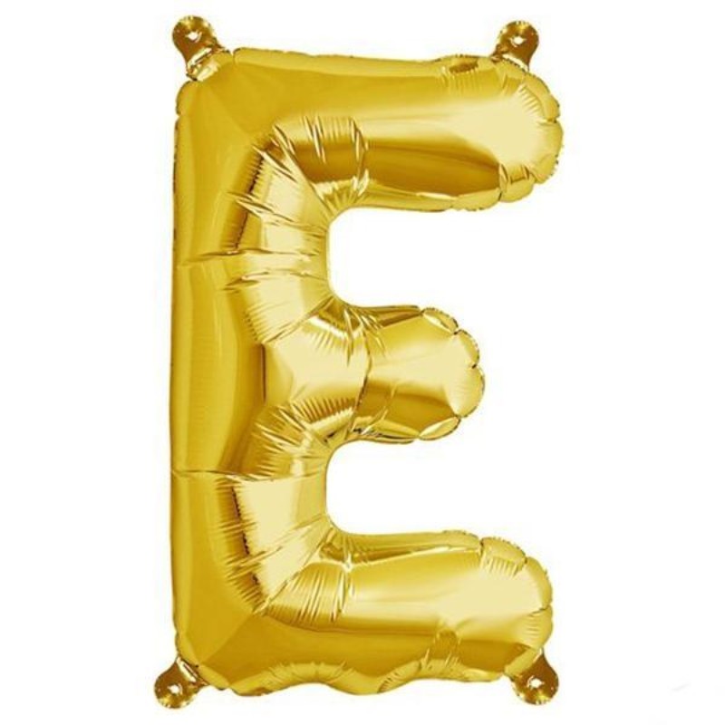 Gold foil balloon letter "E" on a plain background.