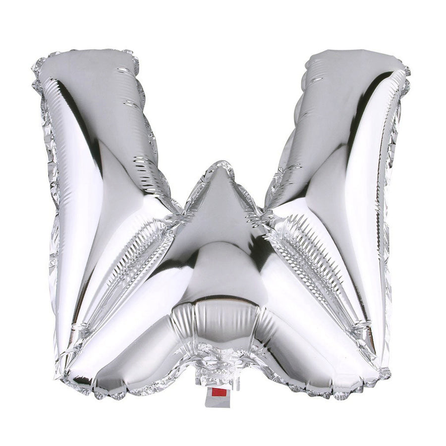 Silver letter "W" balloon on a white background.