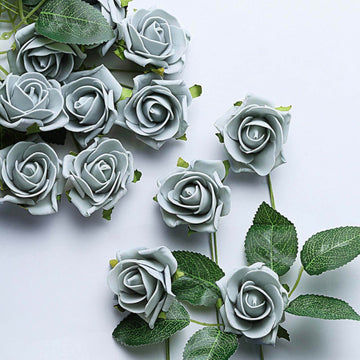 24 Roses 2" Silver Artificial Foam Flowers With Stem Wire and Leaves