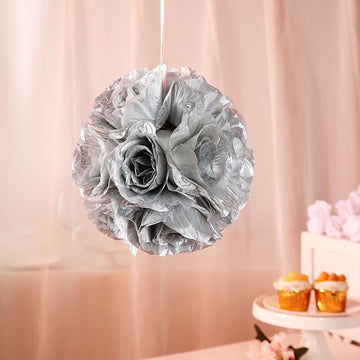 2 Pack 7" Silver Artificial Silk Rose Kissing Ball, Faux Flower Ball