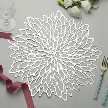 6 Pack 15" Silver Decorative Floral Vinyl Placemats, Non-Slip Round Dining Table Mats