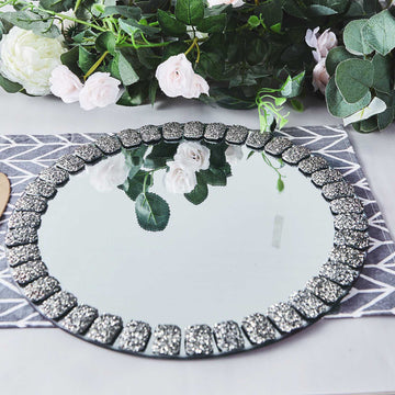 2 Pack 13" Silver Glitter Jeweled Rim Glass Mirror Charger Plates