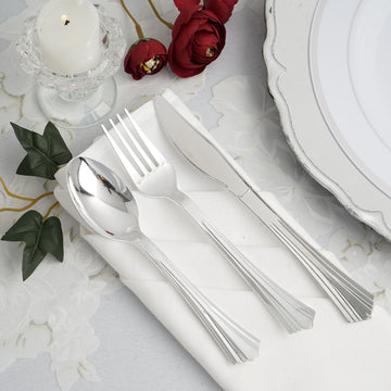 24 Pack Silver Heavy Duty Disposable Silverware Set With Fluted Handles, Plastic Utensils - 6",7"