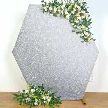 8ftx7ft Silver Metallic Shimmer Tinsel Spandex Hexagon Wedding Arbor Cover, 2-Sided Backdrop