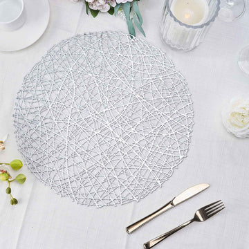 6 Pack 15" Silver Metallic Woven Vinyl Placemats, Non-Slip Round Table Mats