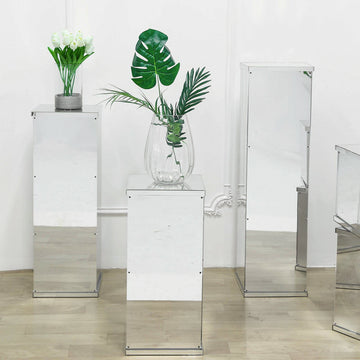Set of 5 Silver Mirror Finish Acrylic Display Boxes, Pedestal Risers with Interchangeable Lid and Base - 12",16",24",32",40"