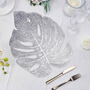 6 Pack 18" Silver Monstera Leaf Vinyl Placemats, Non-Slip Dining Table Mats
