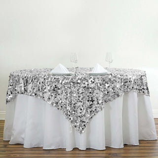 Add a Touch of Elegance with the Silver Premium Big Payette Sequin Square Table Overlay Add a Touch of Elegance with the Silver Premium Big Payette Sequin Square Table Overlay