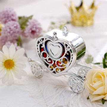 12 Pack 4" Silver Princess Heart Carriage Treats Party Favor Boxes, Candy Container Gift Boxes