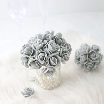 48 Roses 1" Silver Real Touch Artificial DIY Foam Rose Flowers With Stem, Craft Rose Buds